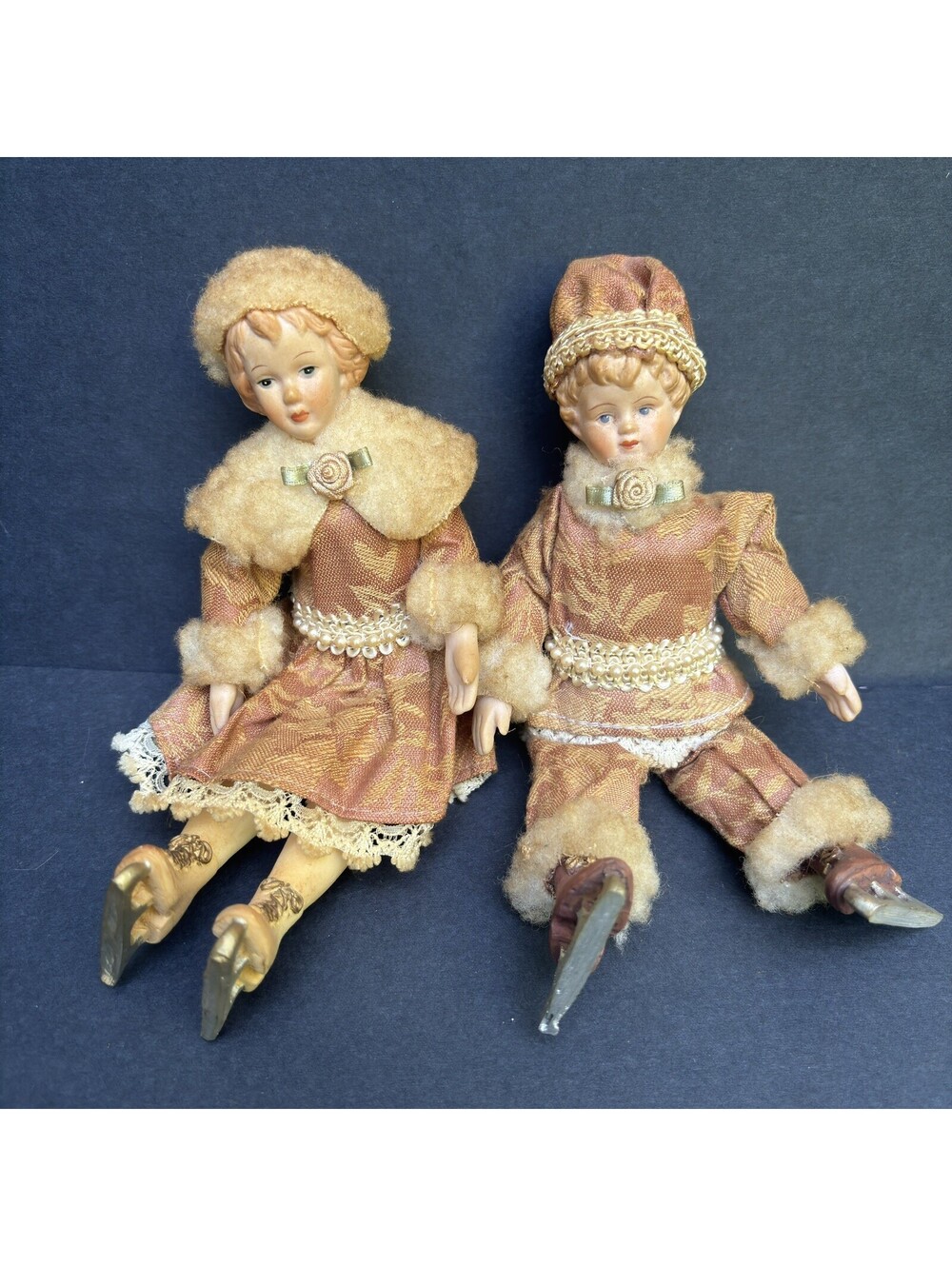 2 SET FIGURE SKATER GIRLS VINTAGE CERAMIC ORNAMENT POSABLE